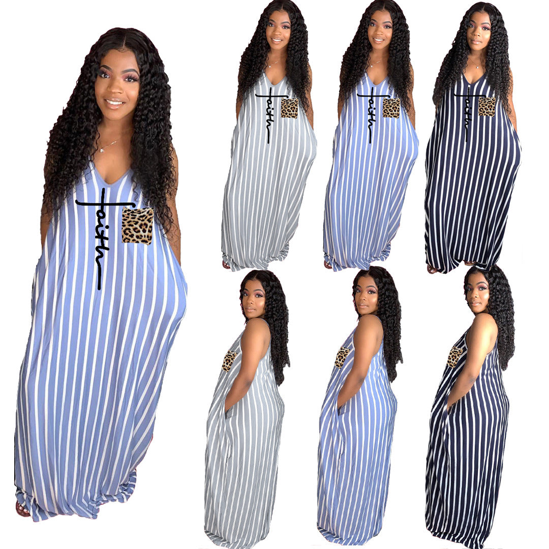 Sexy Plus Size Casual Striped Print Leopard Pocket Maxi Dress