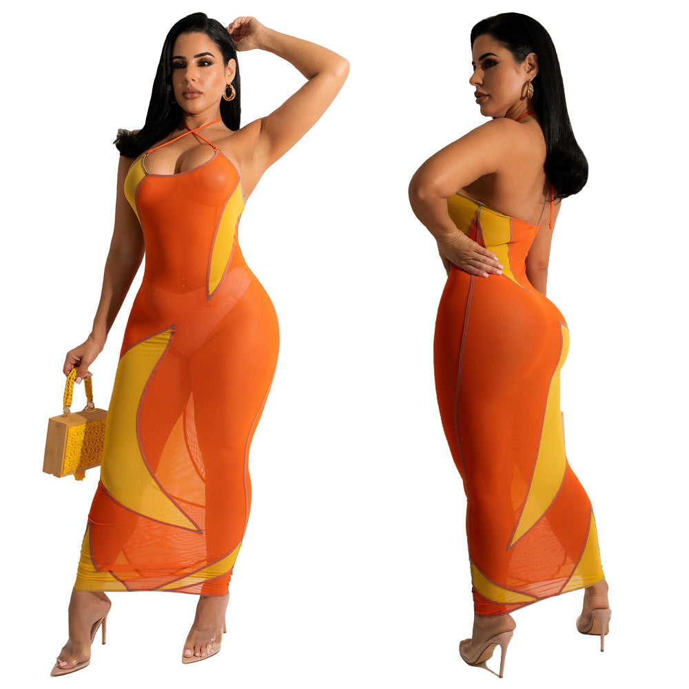 Sexy Sexy See Through Splice Halter Maxi Dress