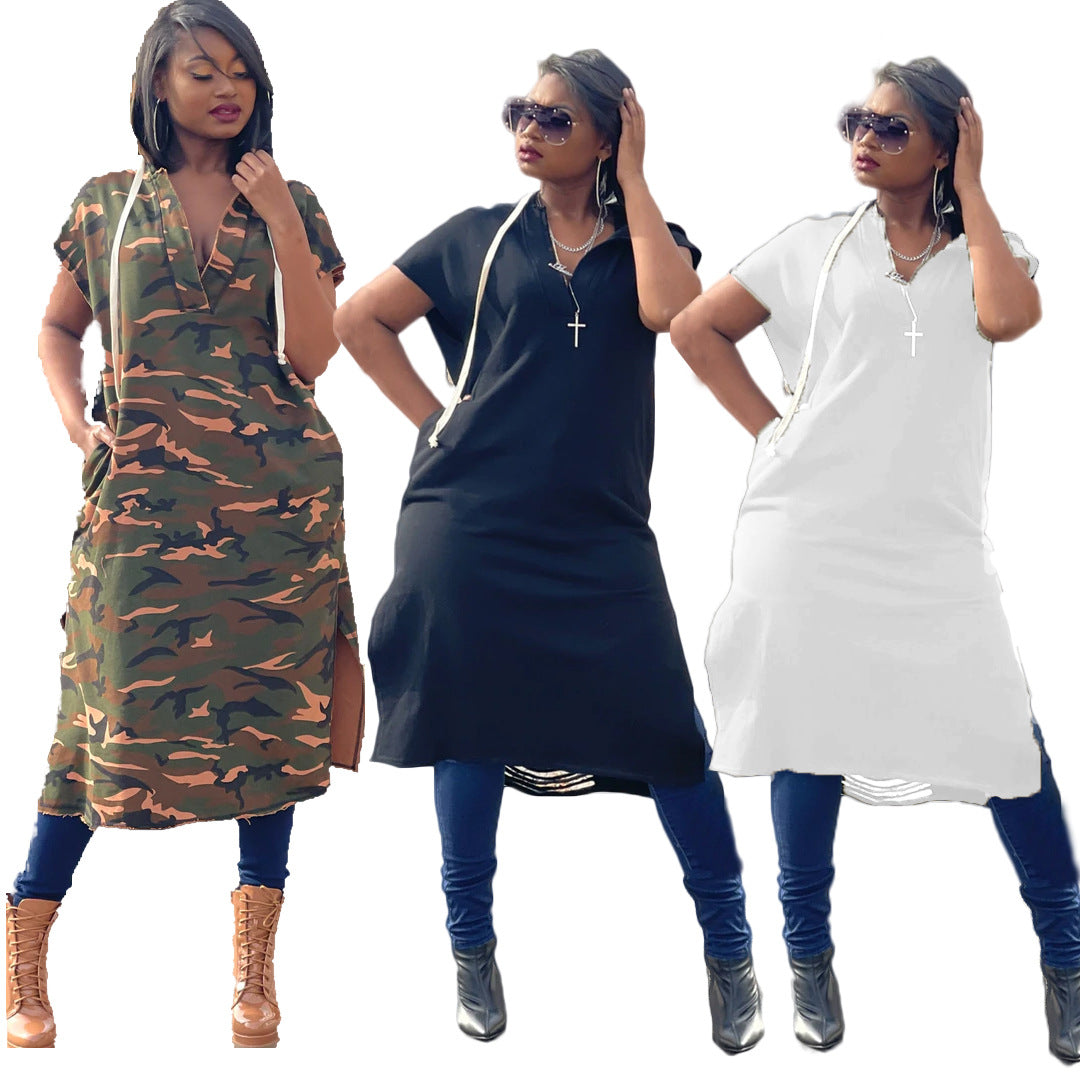 Sexy Solid Hooded Short Sleeve Hole Split Midi Dress
