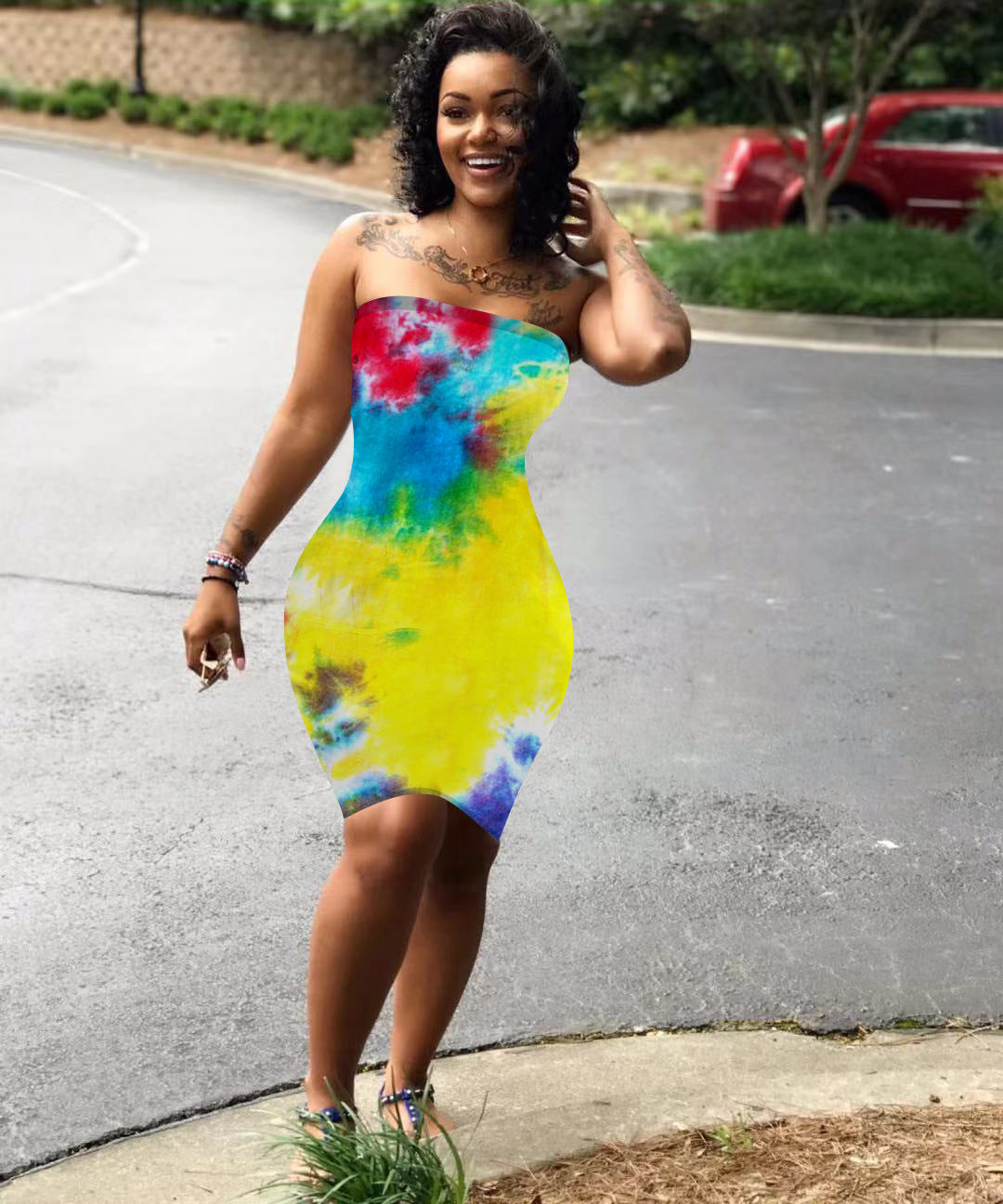 Sexy Tie Dye Print Strapless Bodycon Dress