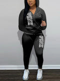 Sexy PINK Letter Print Hooded Solid Two Piece Pant Set