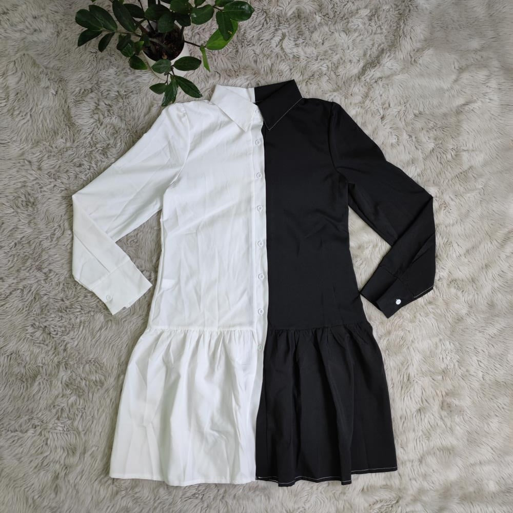 Sexy Contrast Color Long Sleeve Shirt Dress