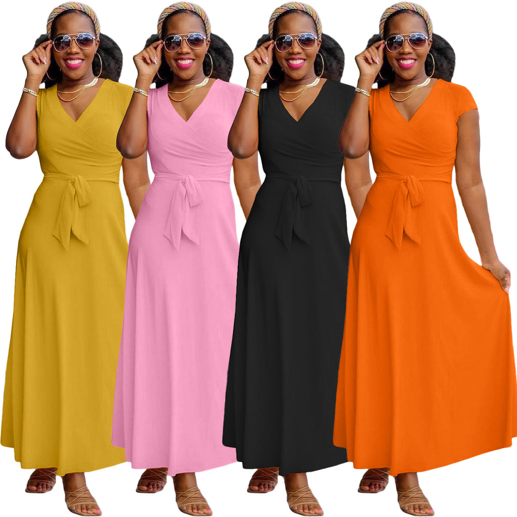 Sexy Plus Size Solid V Neck Short Sleeve Maxi Dress