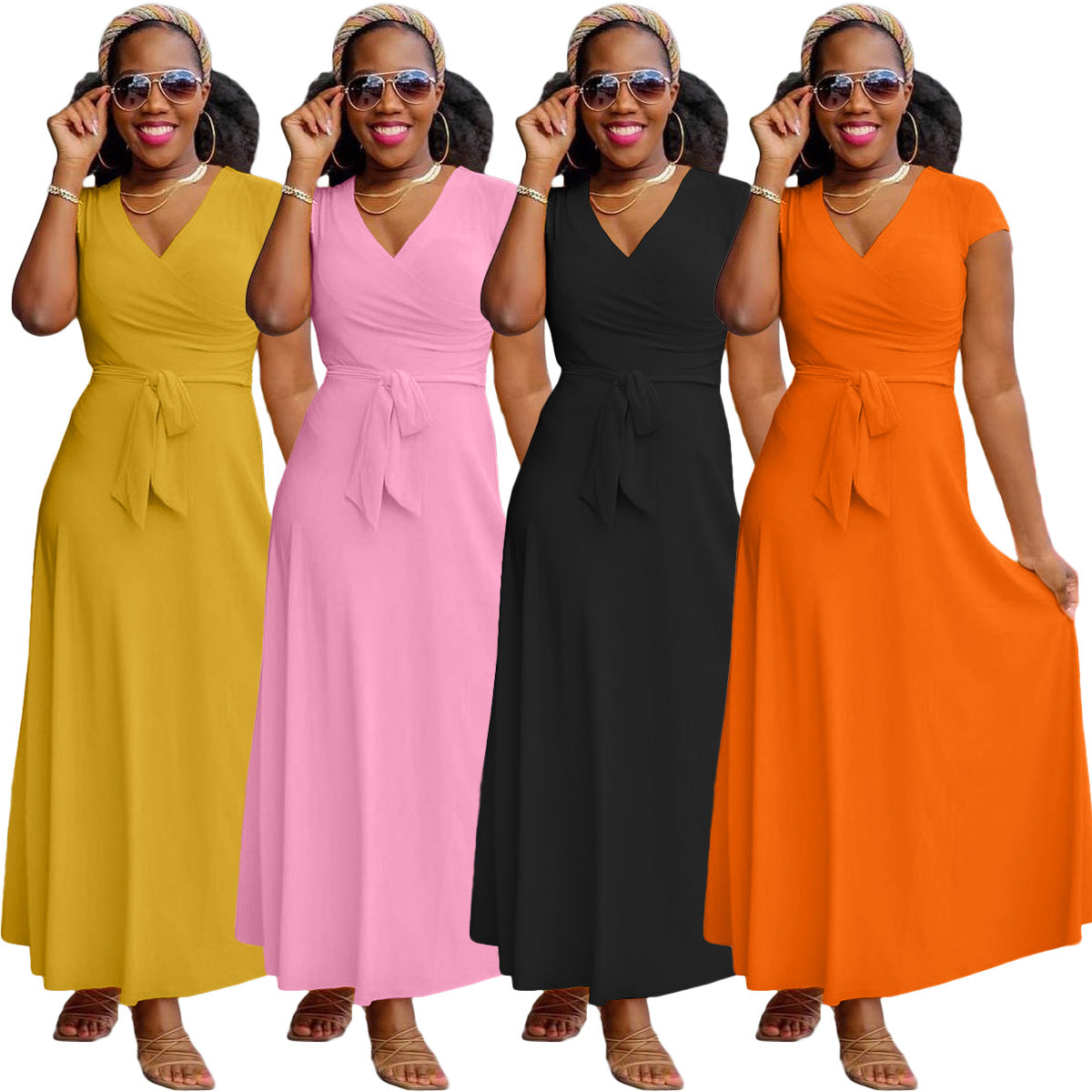 Sexy Plus Size Solid V Neck Short Sleeve Maxi Dress