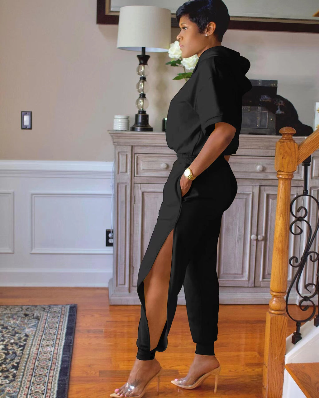 Sexy Casual Solid Hoodie And Slit Pants Sports Two Piece Set