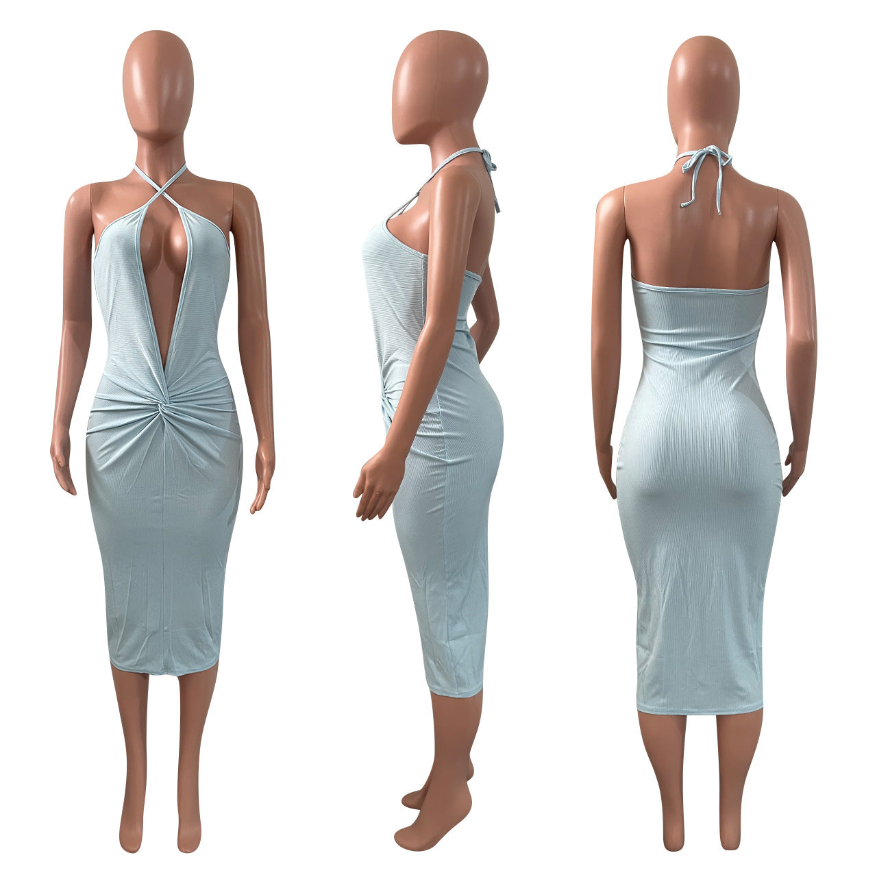 Sexy Solid Deep V Neck Halter Midi Dress