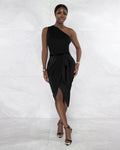 Sexy Solid One Shoulder Sleeveless Sashes Midi Dress