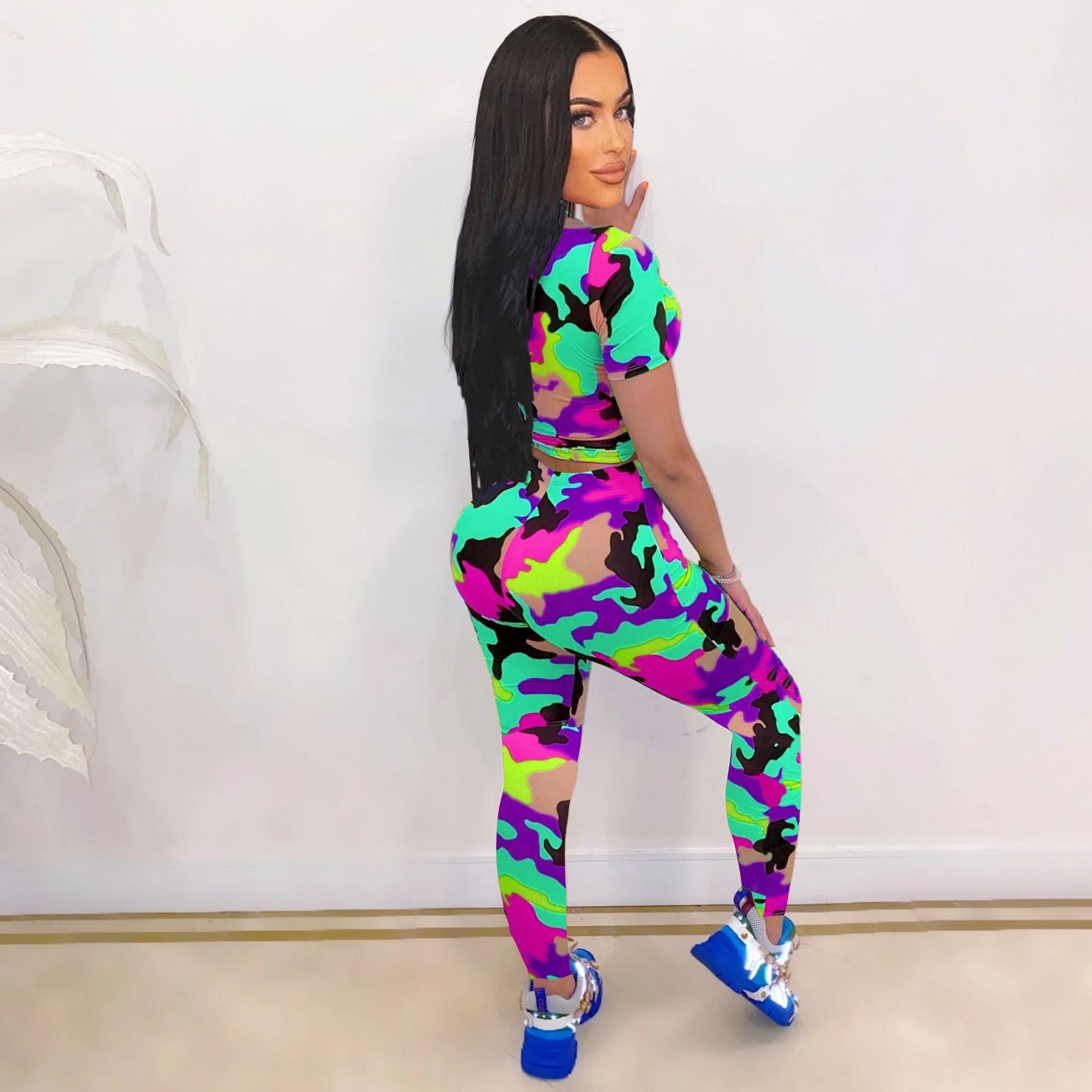Sexy Print Short Sleeve T Shirt And Pant Two Piece Set