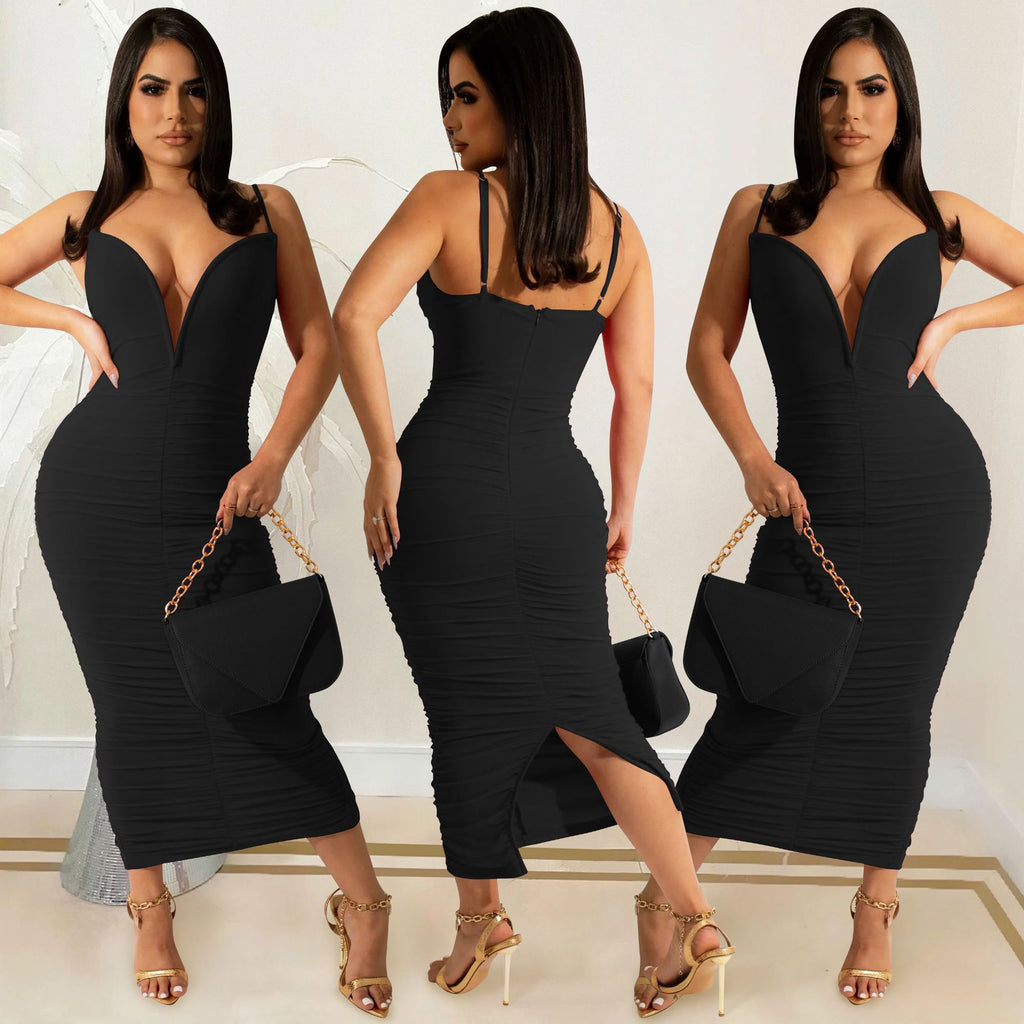 Sexy Solid Ruched V Neck Split Sling Maxi Dress