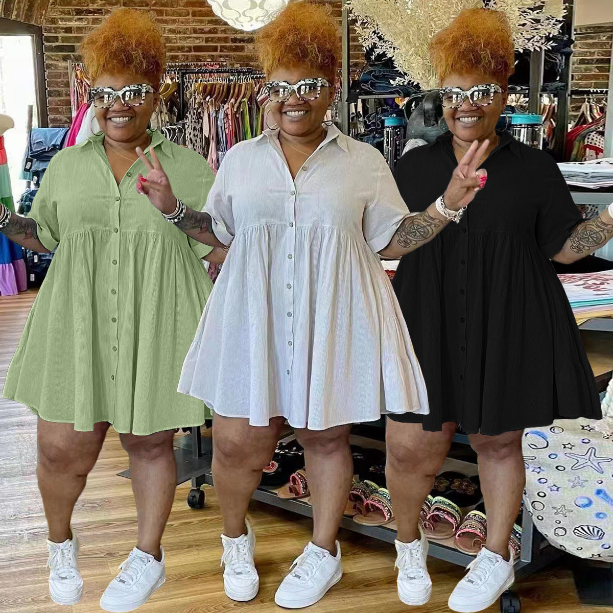 Sexy Plus Size Solid Short Sleeve Shirt Dress