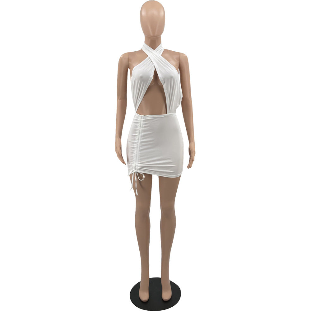 Sexy Solid Color Cross Halter Sexy Mini Dress