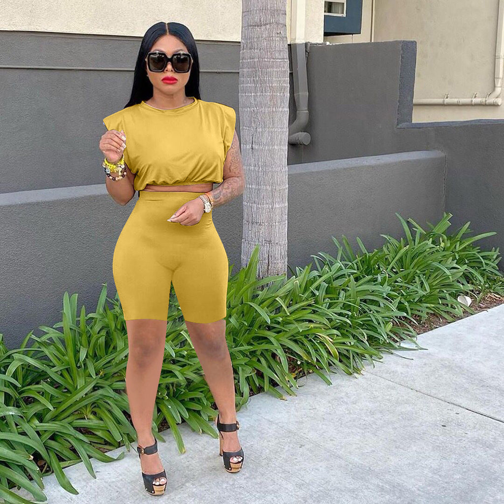 Sexy Solid Shoulder Pads Sleeveless Two Piece Shorts Set