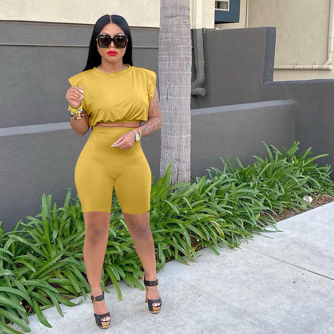 Sexy Solid Shoulder Pads Sleeveless Two Piece Shorts Set