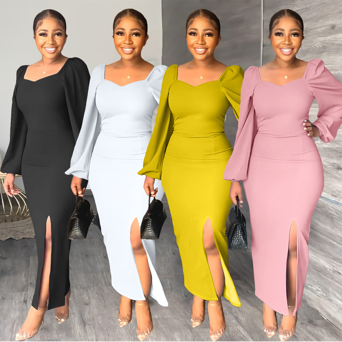 Sexy Solid Long Sleeve Split Maxi Dress