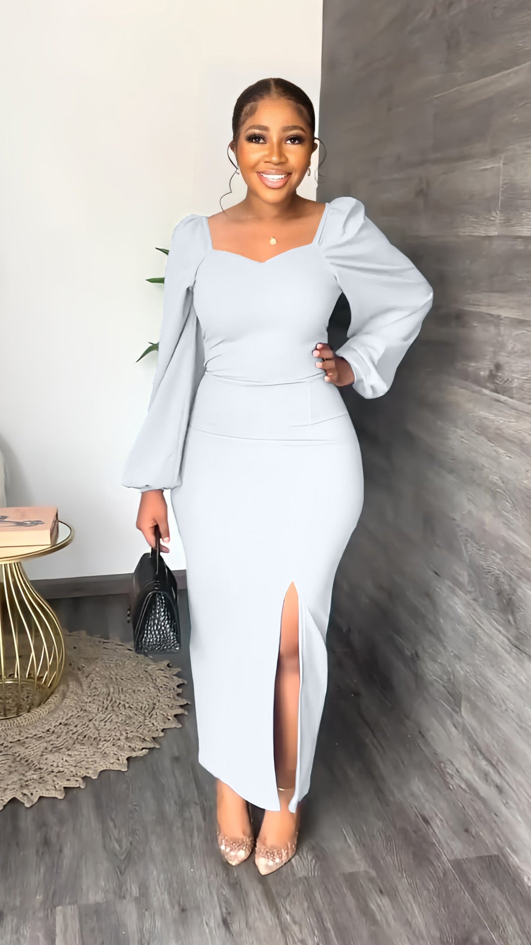 Sexy Solid Long Sleeve Split Maxi Dress