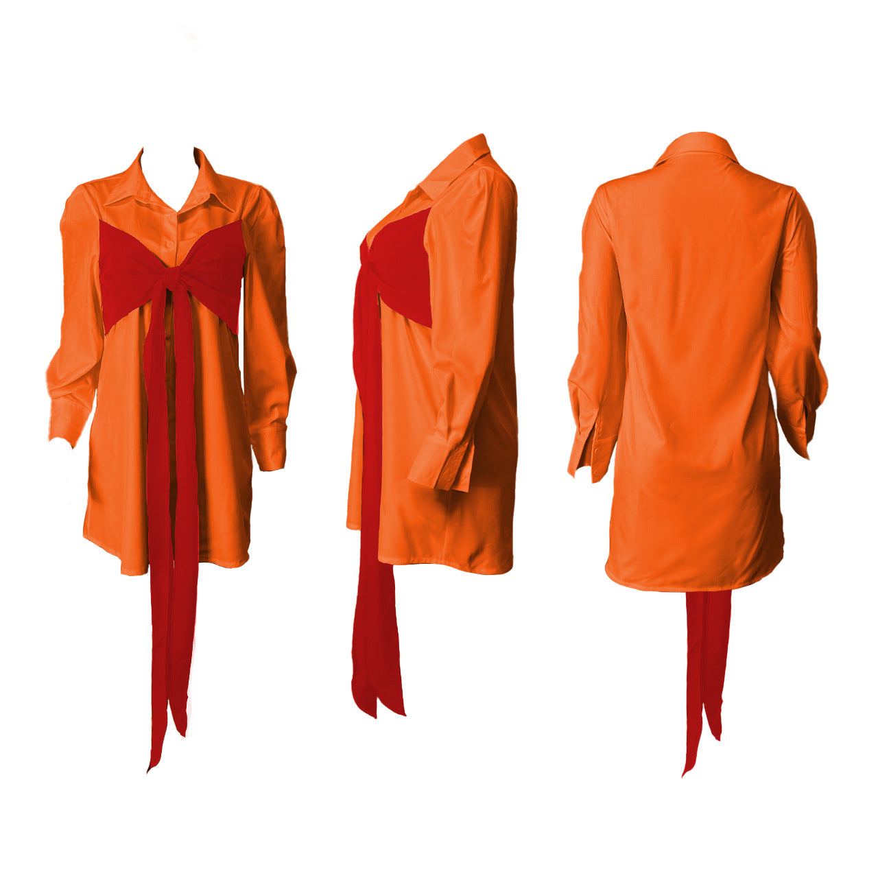 Sexy Contrast Colot Bow-Tie Long Sleeve Shirt Dress