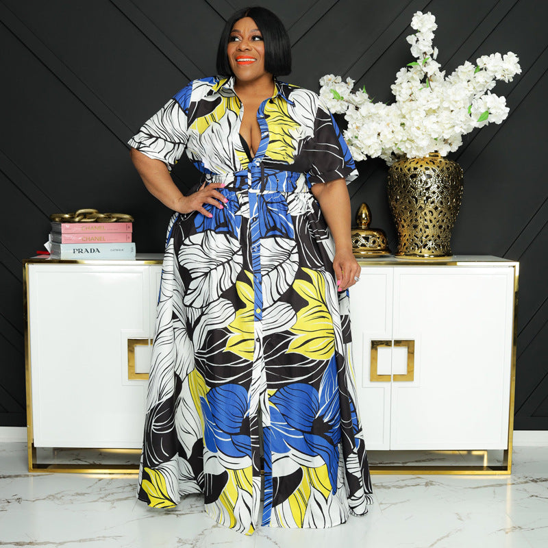 Sexy Plus Size Printed Short Sleeve Belted Maxi Dress