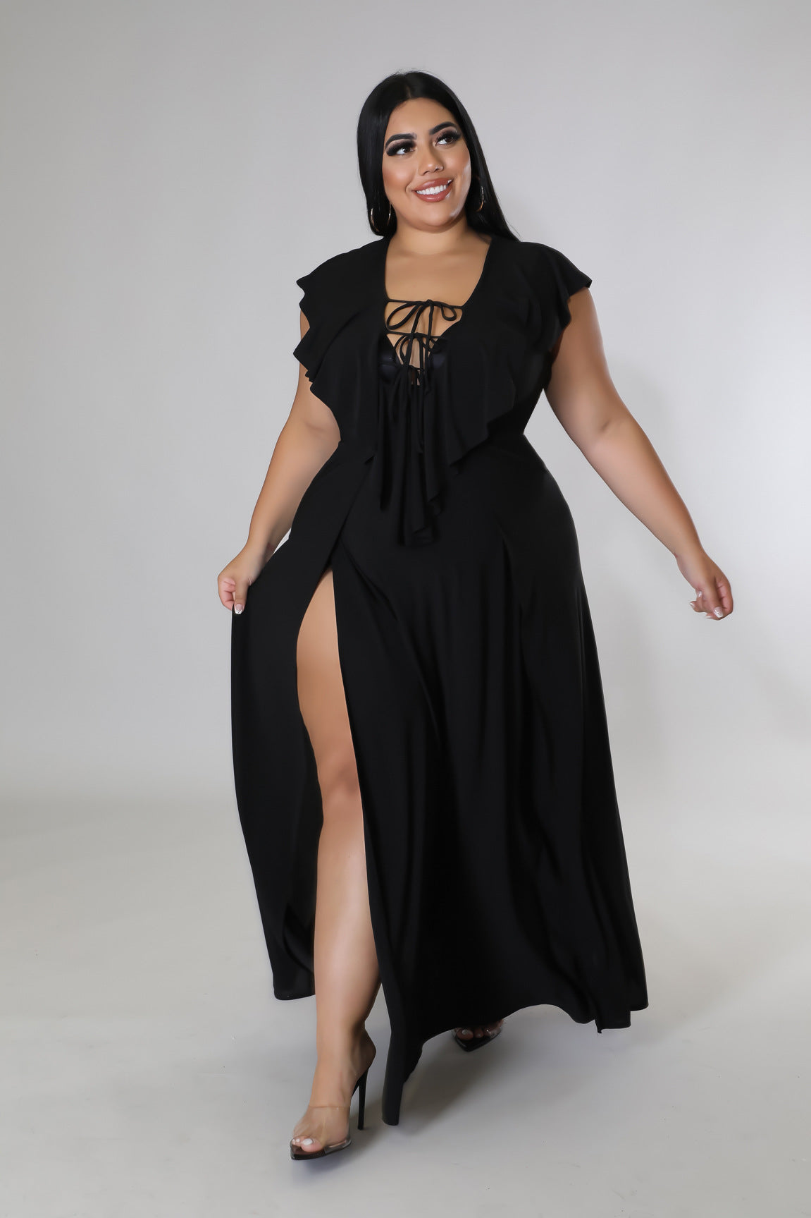 Sexy Plus Size Solid Ruffle Split Maxi Dress