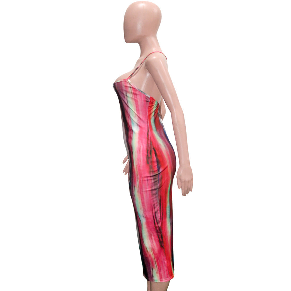 Sexy Sexy Printed Cross Strap Backless Midi Dress