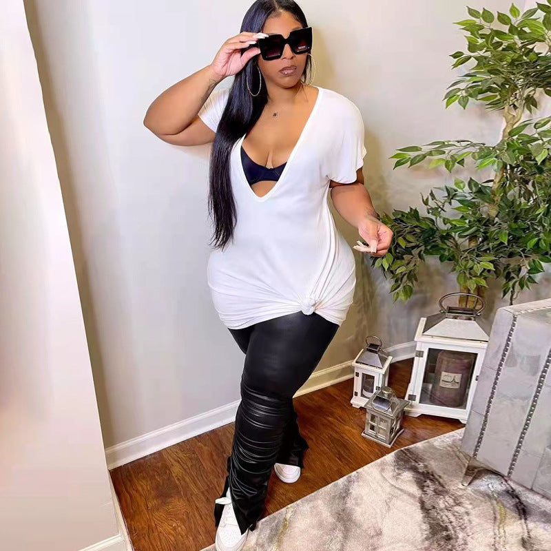 Sexy Plus Size Solid Deep V Neck Short Sleeve Dress