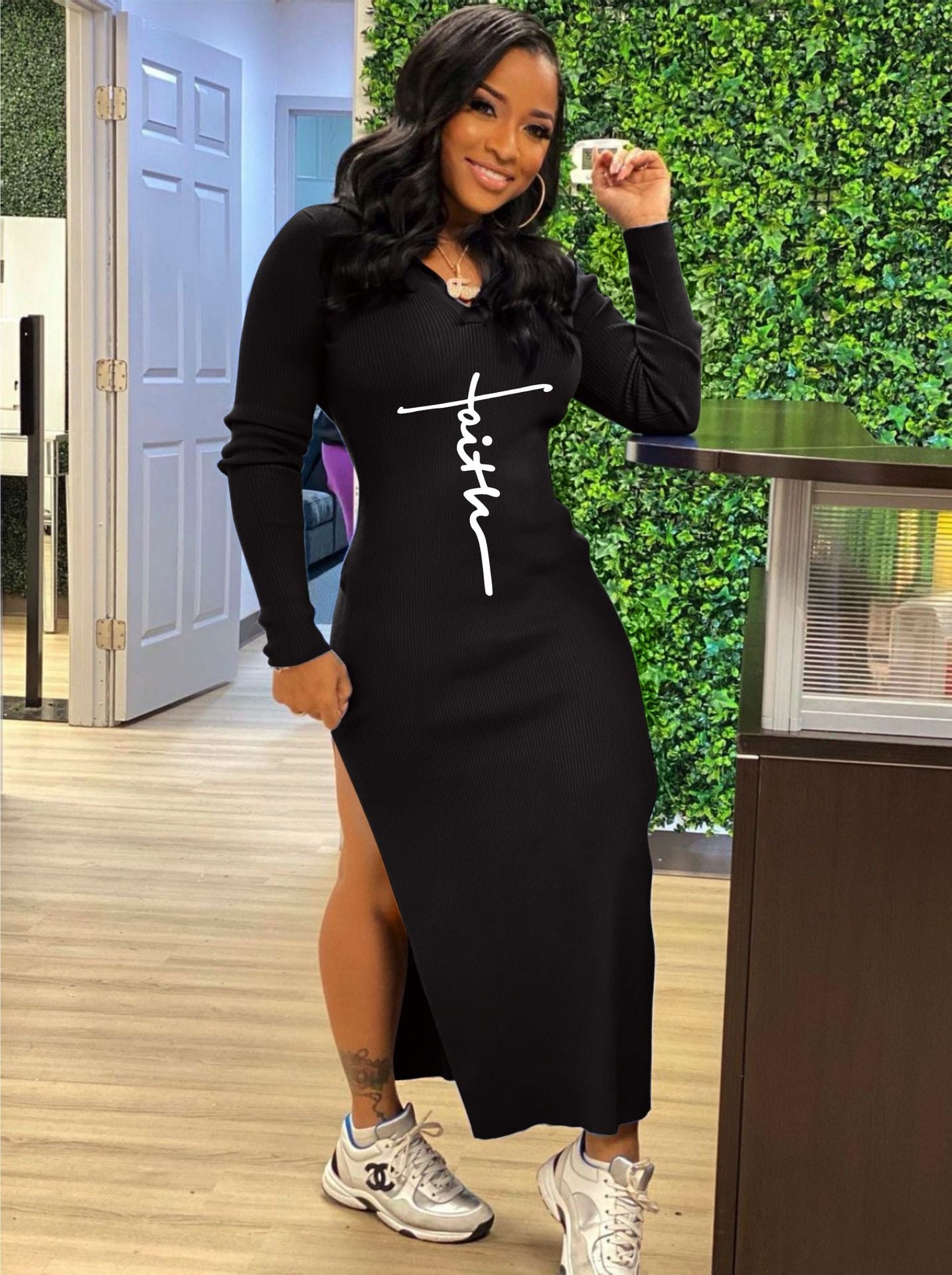 Sexy Letter Print Hooded Backless Split Maxi Dress