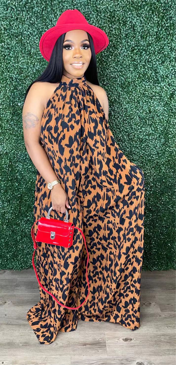 Sexy Plus Size Casual Print Halter Wide Leg Jumpsuit