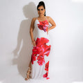 Sexy Flower Print Backless Cross Strap Split Maxi Dress