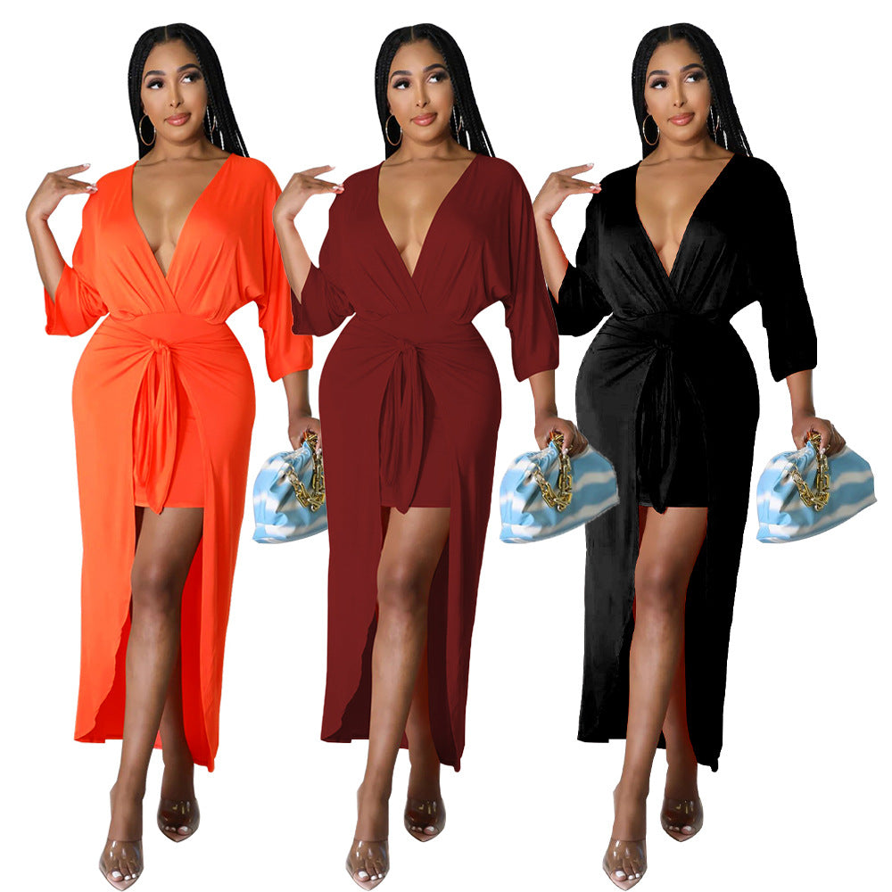 Sexy Solid V Neck 3/4 Sleeve Maxi Dress