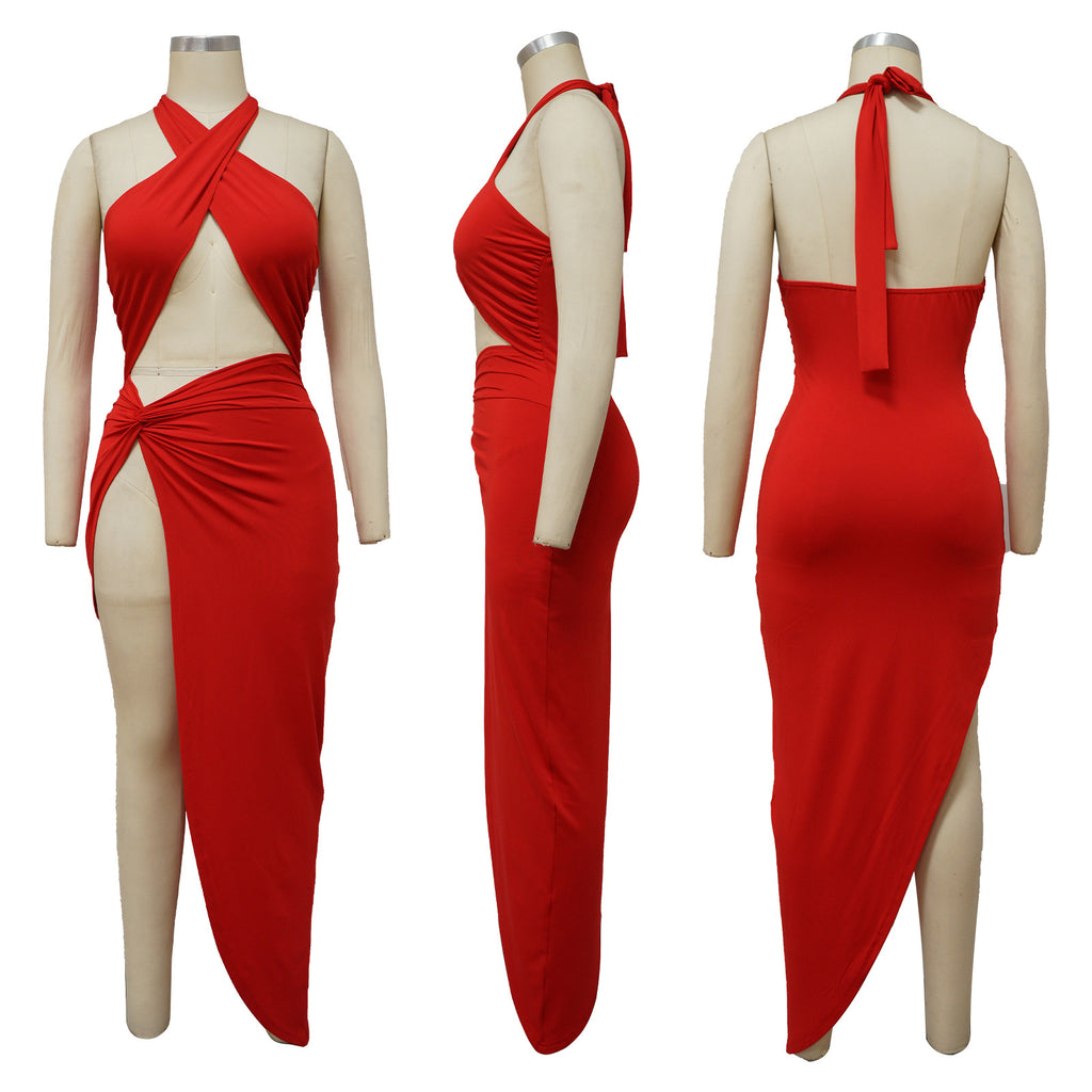 Sexy Solid Color Halter Slit Irregular Dress