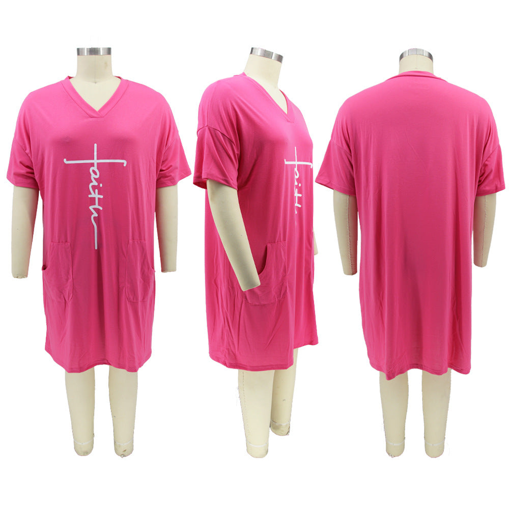 Sexy Plus Size Letter Print V Neck Loose Midi Dress