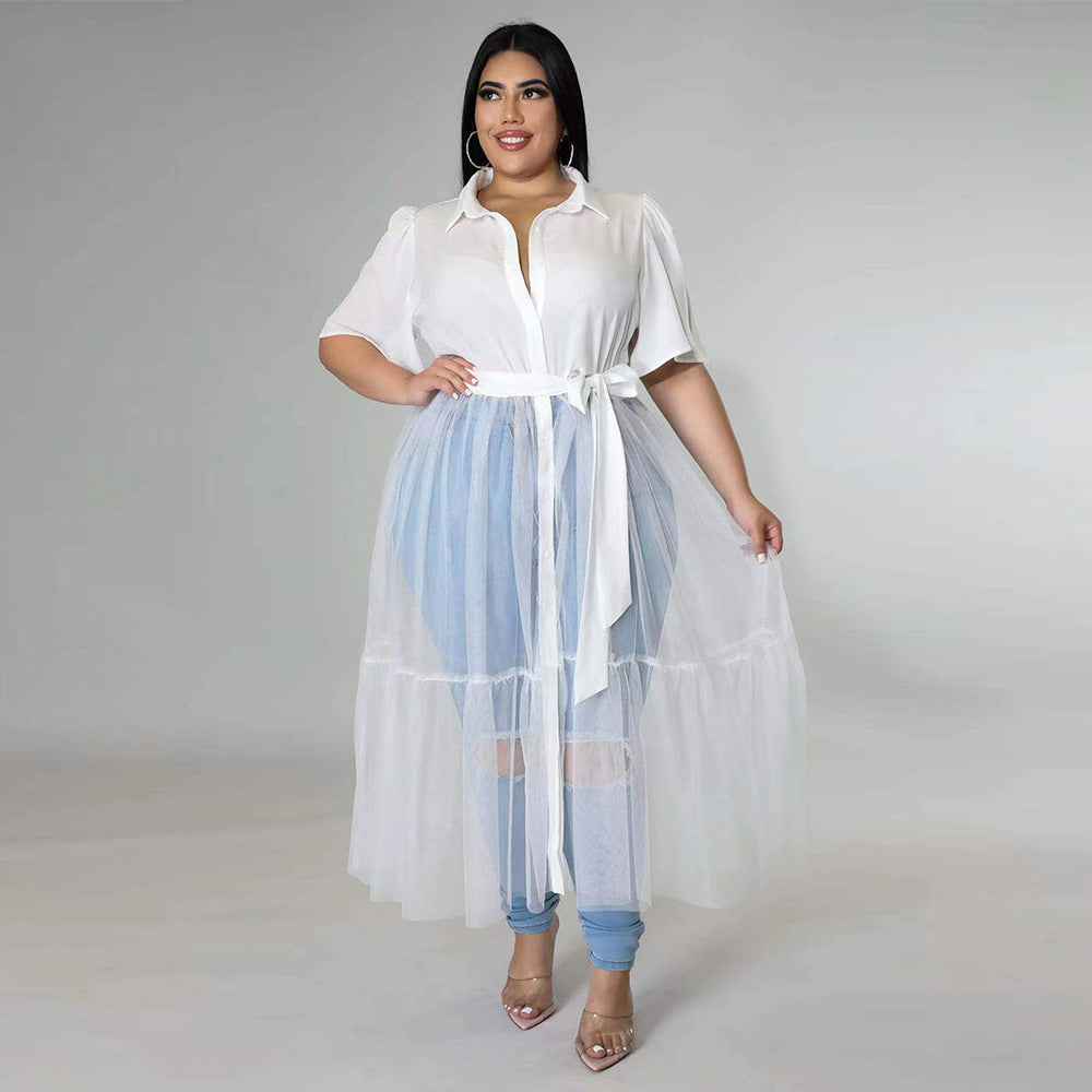 Sexy Plus Size Solid Mesh Patchwork Sashes Maxi Dress