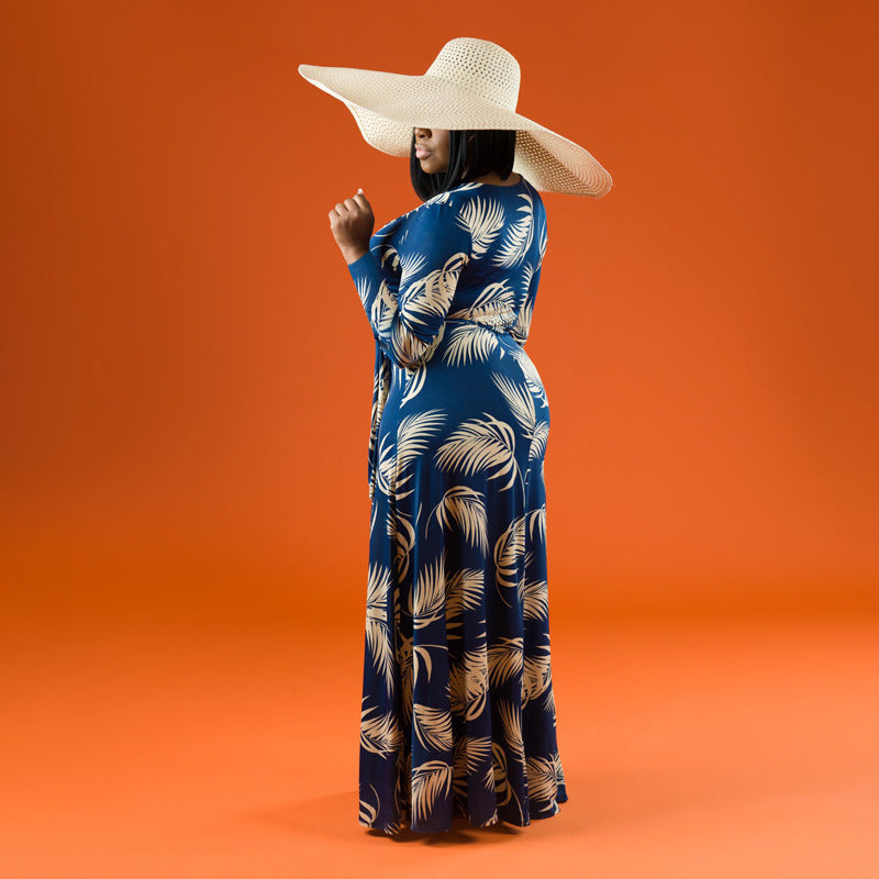 Sexy Plus Size Floral Print V Neck Long Sleeve Maxi Dress