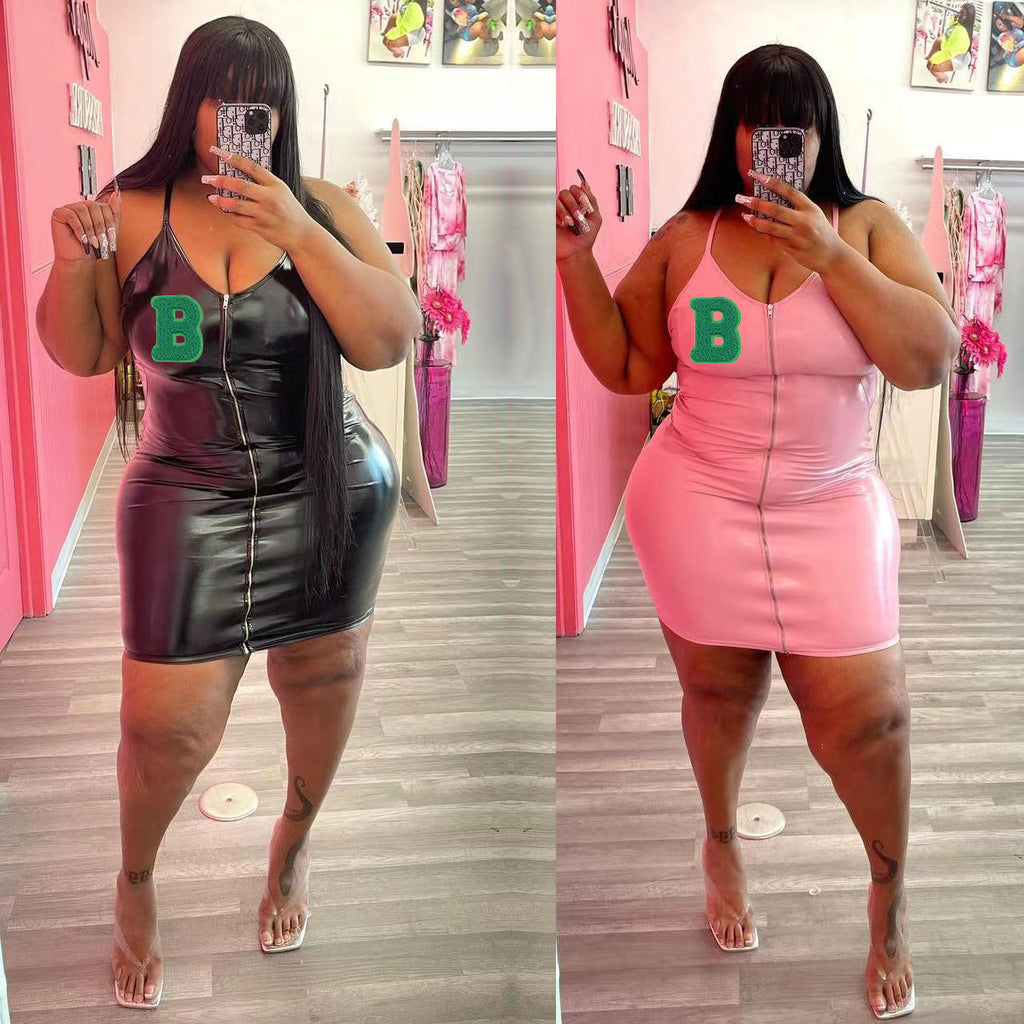 Sexy Plus Size PU Leather Spaghetti Strap Zipper Mini Dress