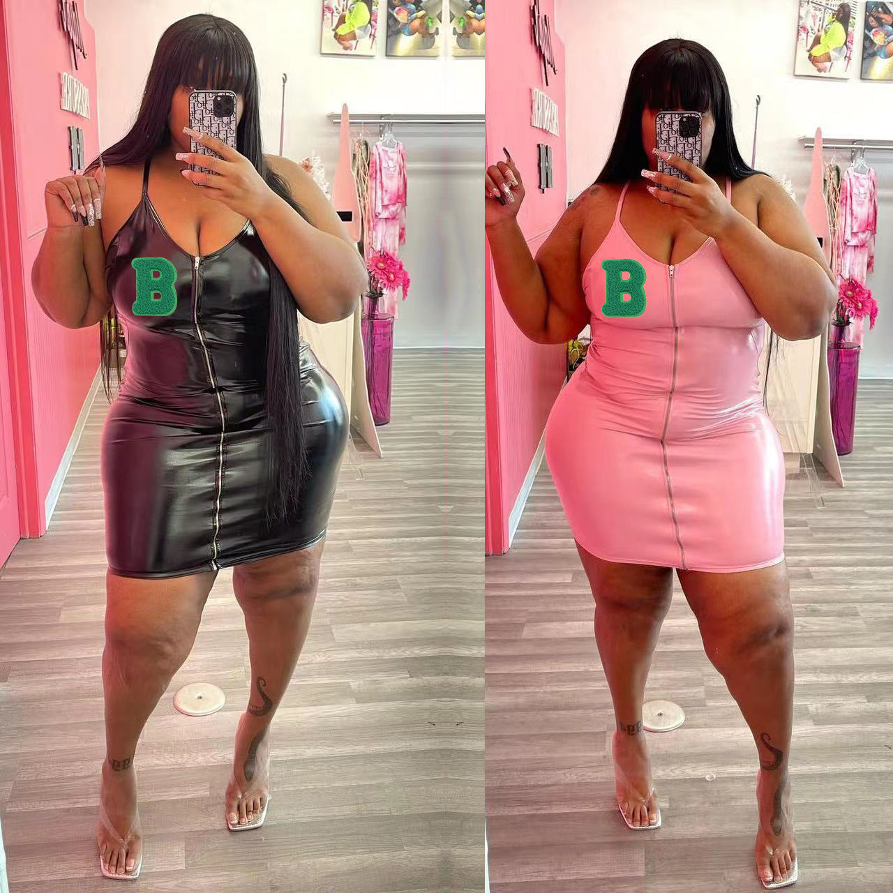 Sexy Plus Size PU Leather Spaghetti Strap Zipper Mini Dress