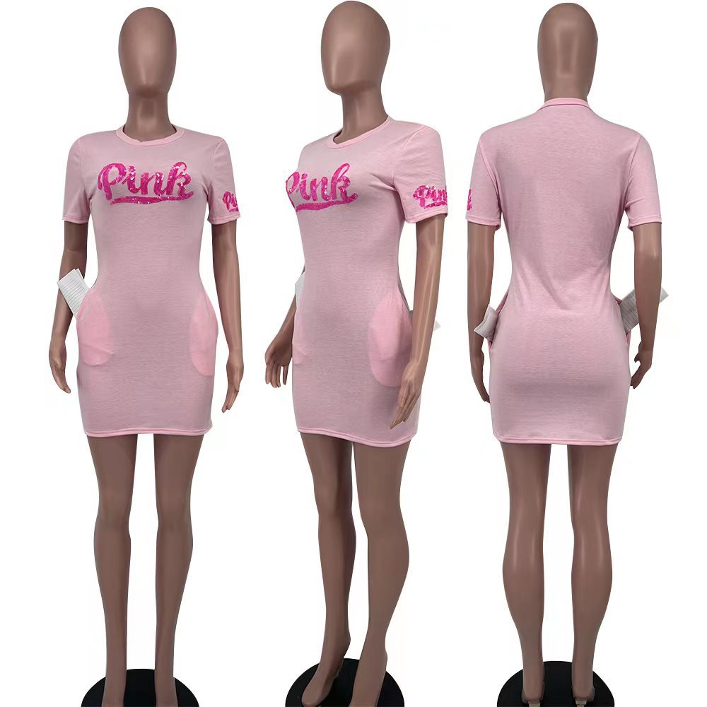 Sexy Sequin Pink Letter Print Short Sleeve Mini Dress
