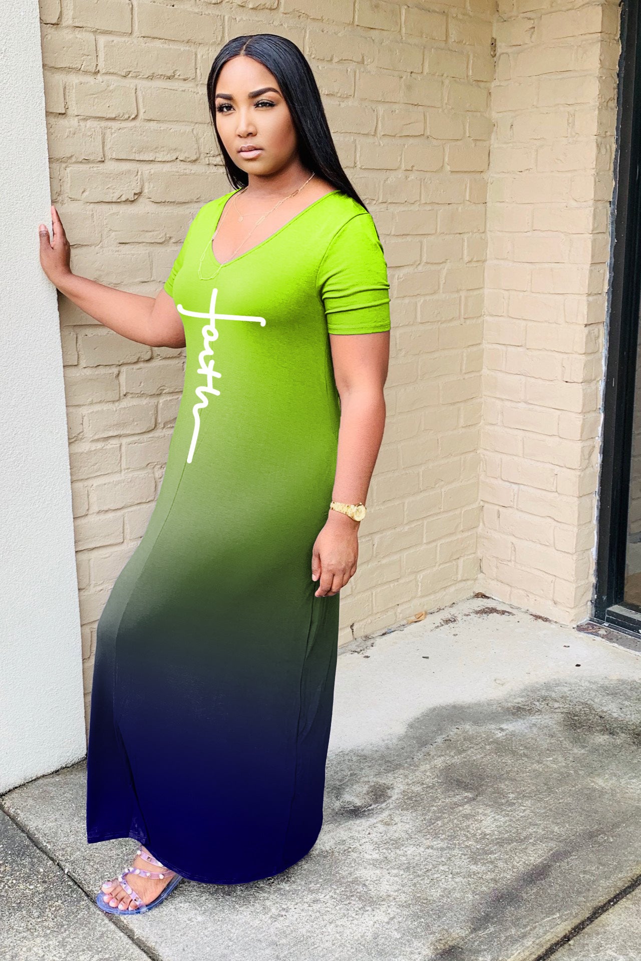 Sexy Gradient Letter Print Short Sleeve Maxi Dress
