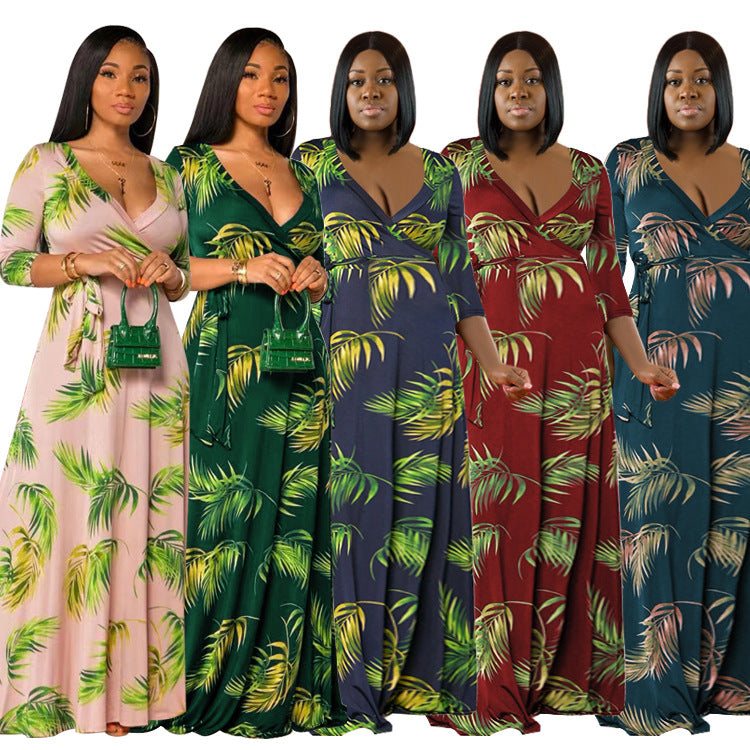 Sexy Plus Size Floral Print 3/4 Sleeve V Neck Sashes Maxi Dress