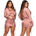 Sexy Solid Long Sleeve Drawstring Pleated Lapel Mini Dress
