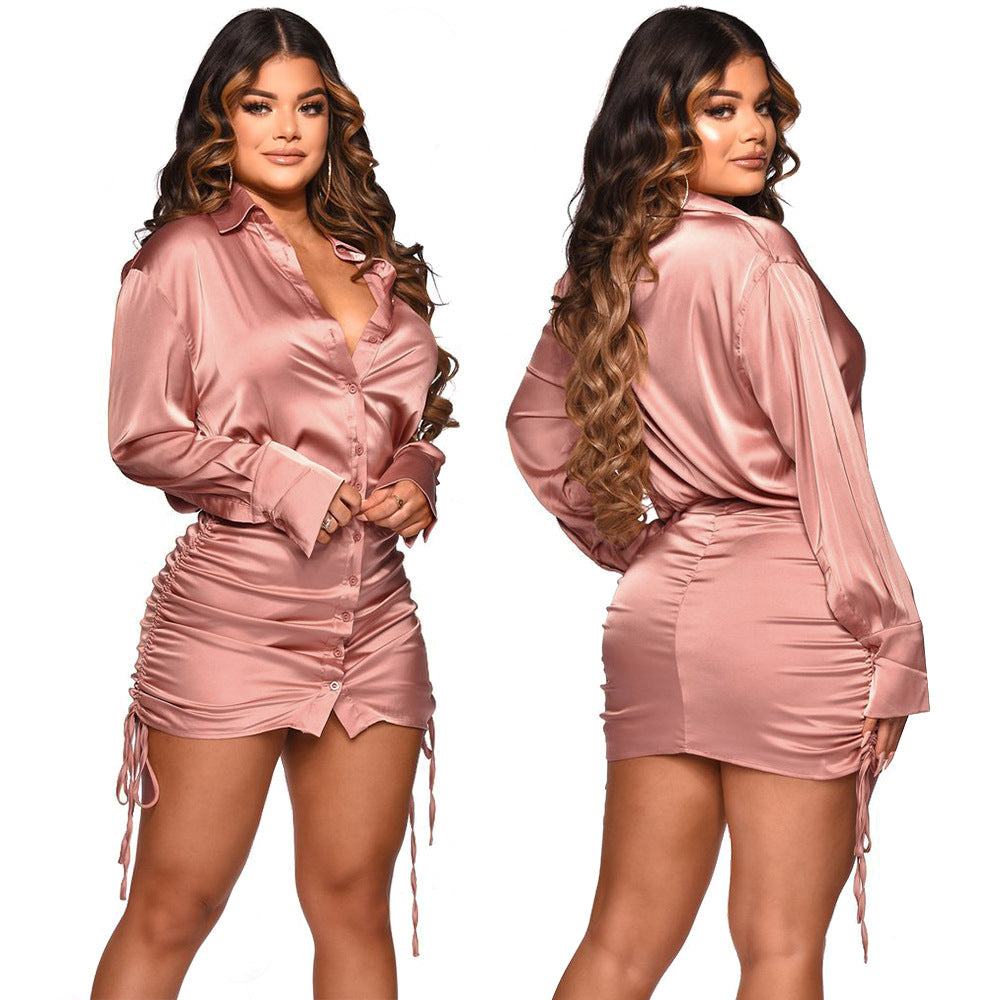 Sexy Solid Long Sleeve Drawstring Pleated Lapel Mini Dress