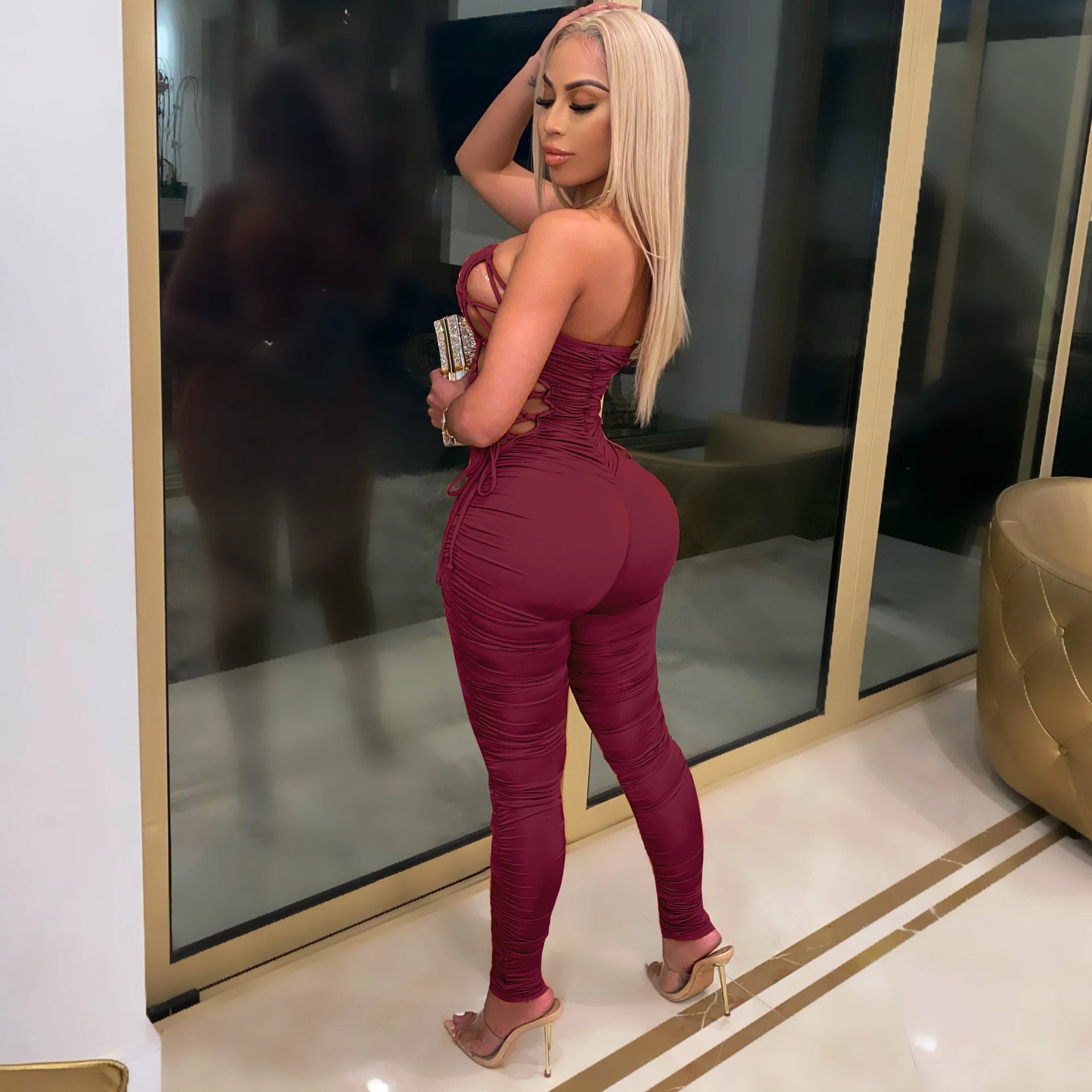 Sexy Sexy Solid Lace-Up Ruched Bandage Tube Jumpsuit