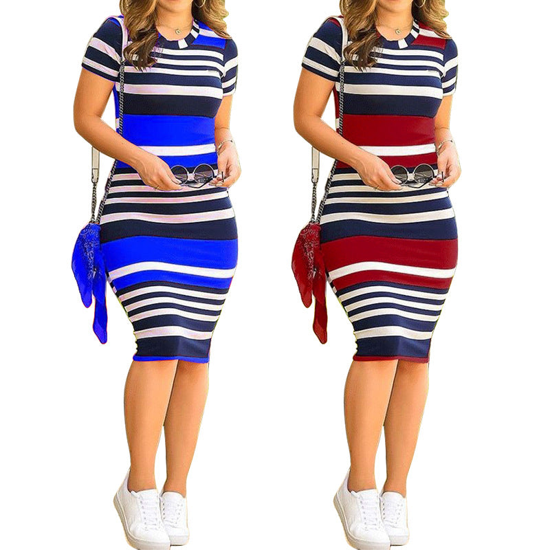Sexy Short Sleeve Striped Print Midi Dress