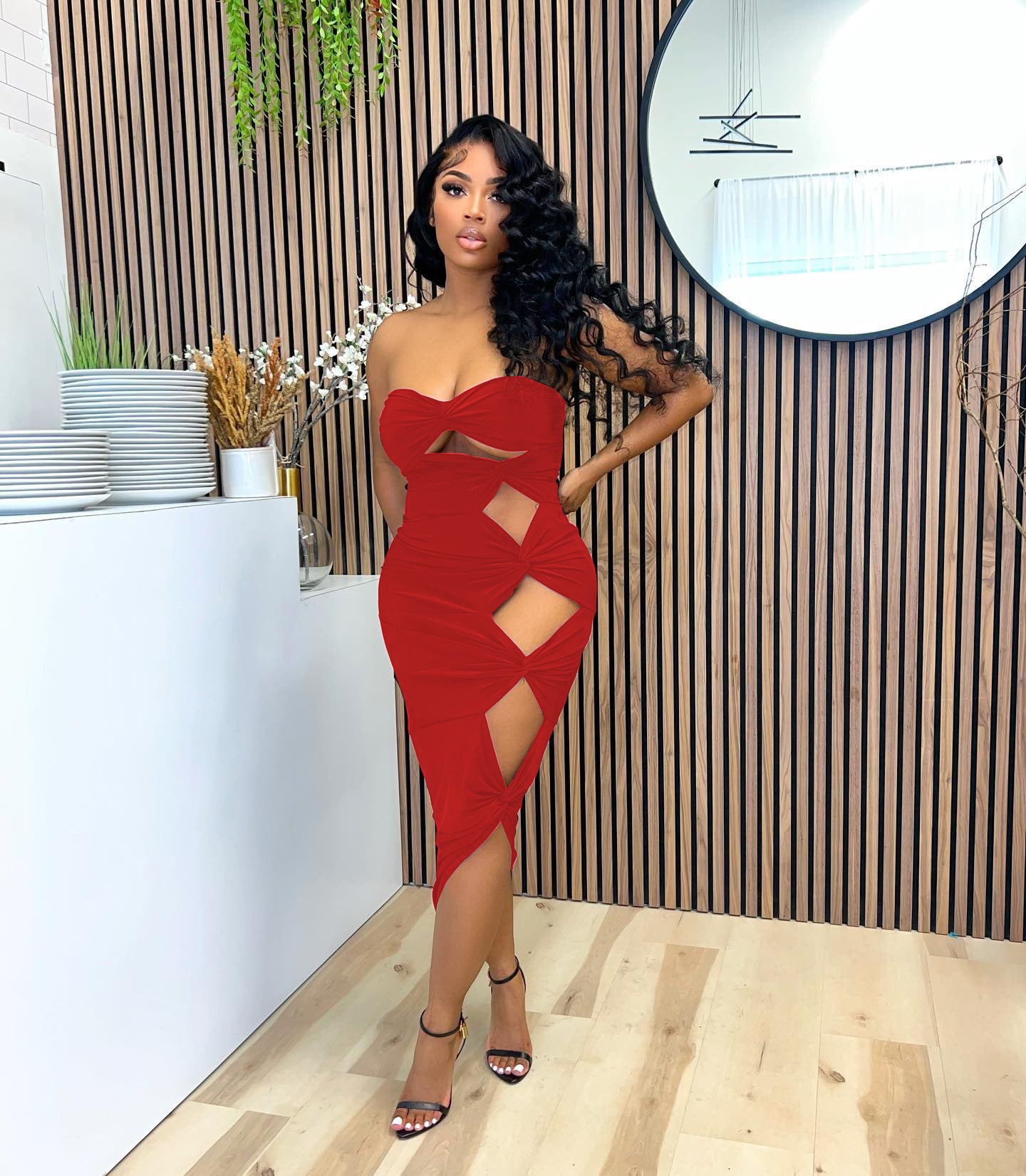 Sexy Solid Strapless Hollow Out Bodycon Midi Dress