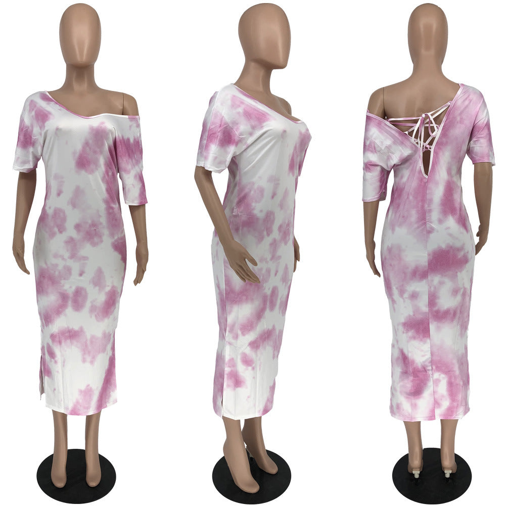 Sexy Tie Dye Print V Neck Long Dress