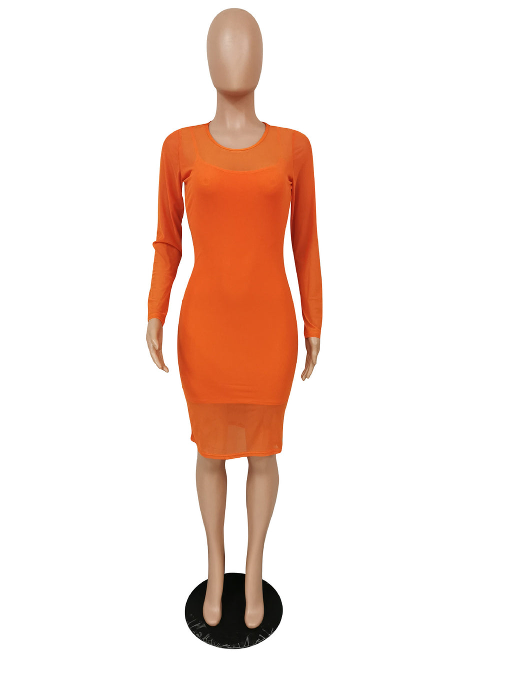 Sexy Solid Long Sleeve Mesh Midi Dress+Sling Mini Dress 2 Piece Sets
