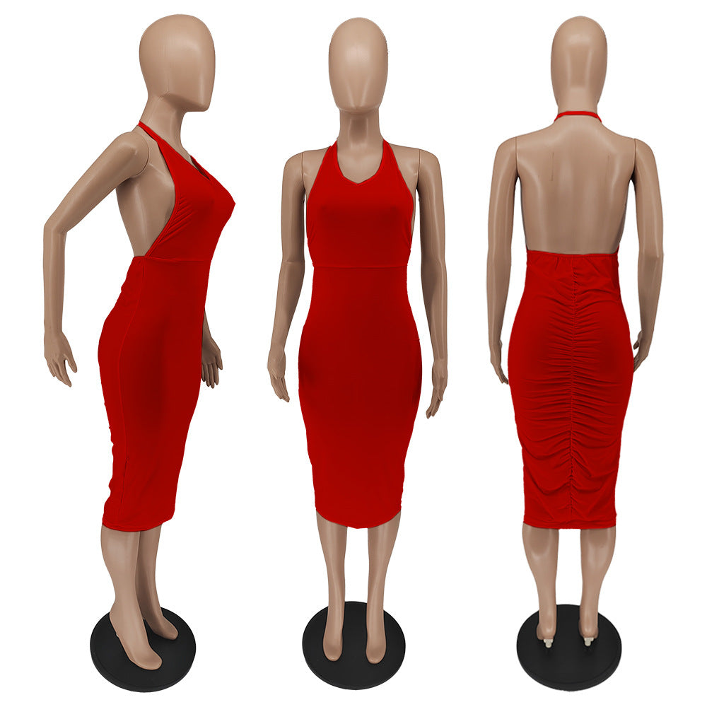 Sexy Solid V Neck Backless Ruched Midi Dress