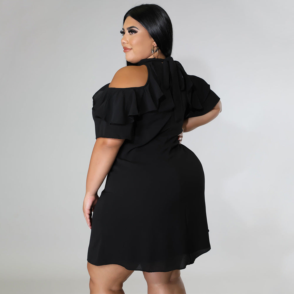 Sexy Plus Size Solid Ruffled Cold Shoulder Mini Dress