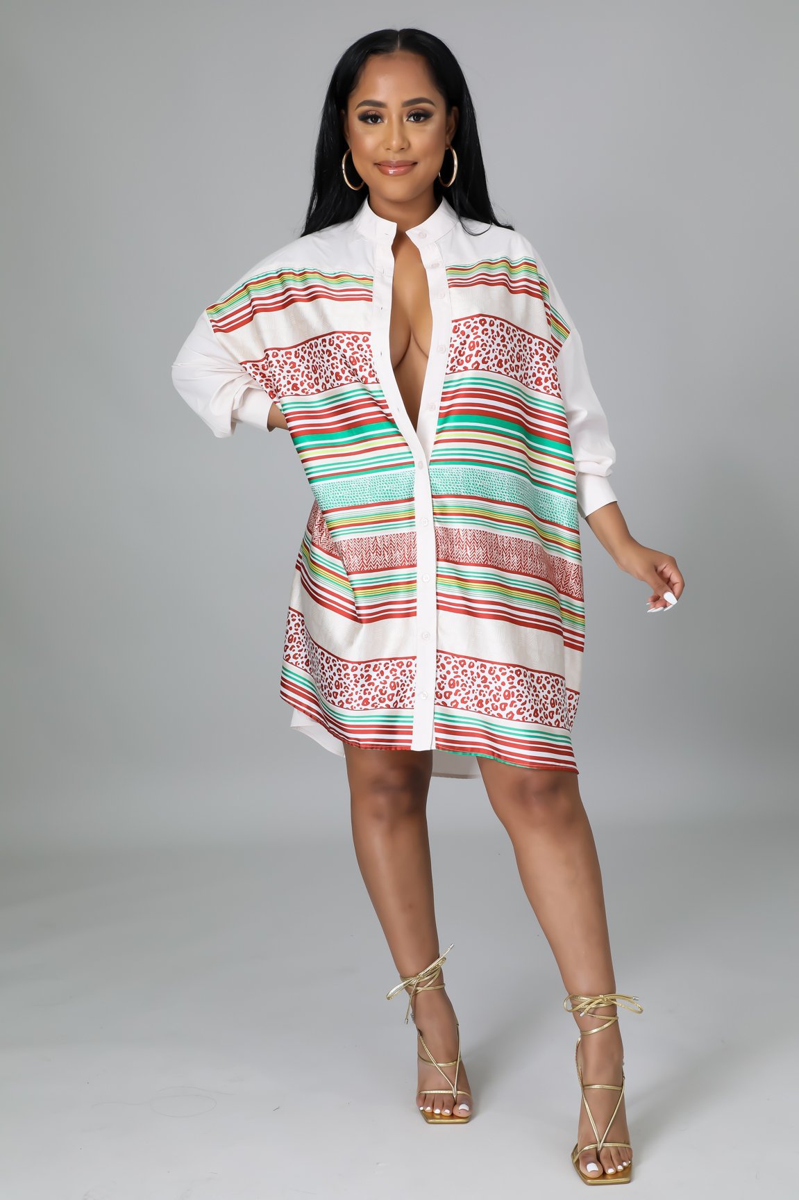 Sexy Plus Size Printed Long Sleeve Shirt Dress