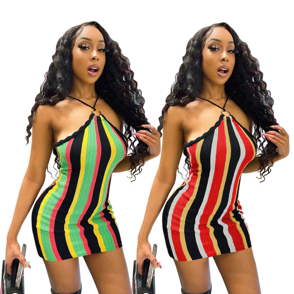 Sexy Sexy Striped Knit Spaghetti Strap Mini Dress