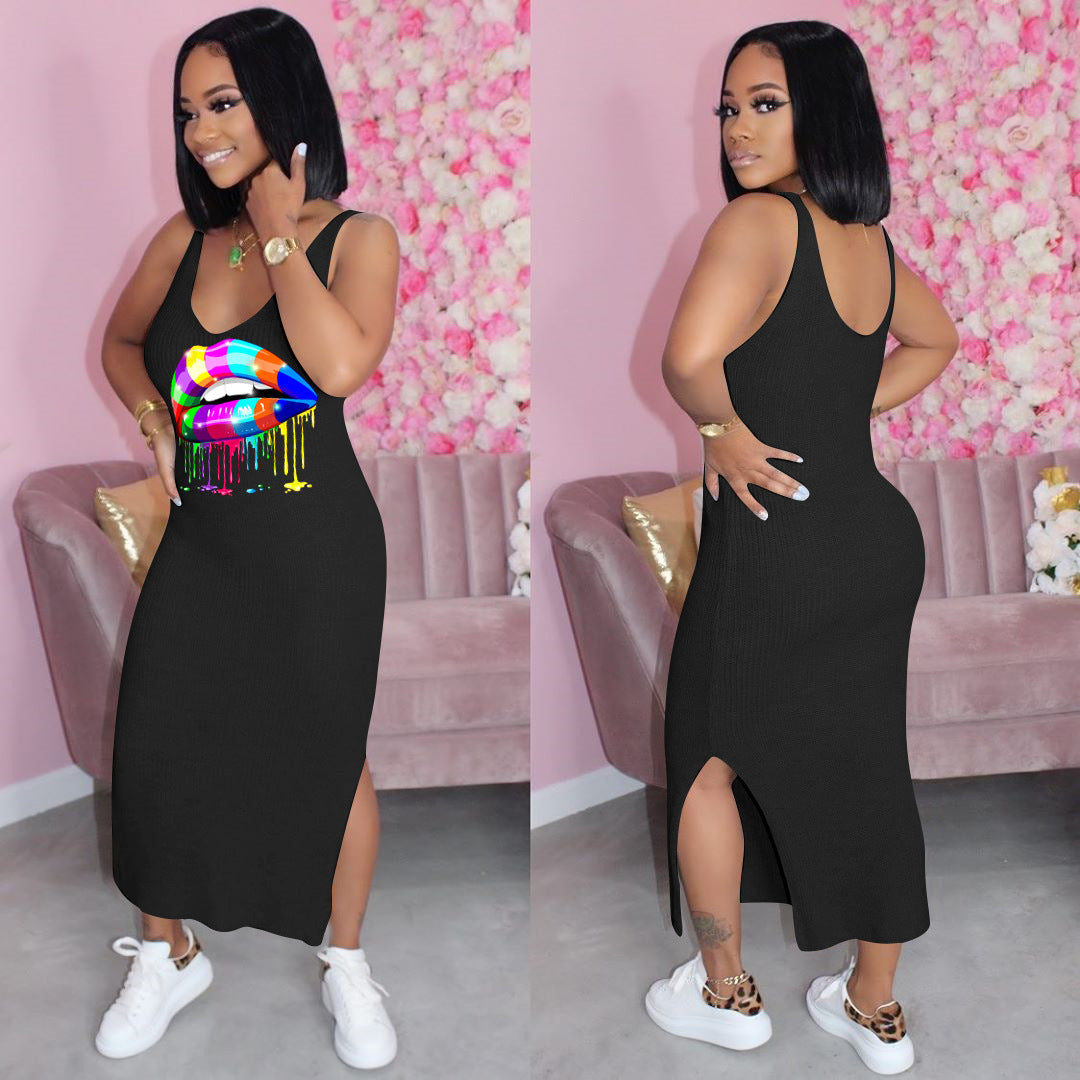 Sexy Plus Size Lip Print Sleeveless Split Maxi Dress