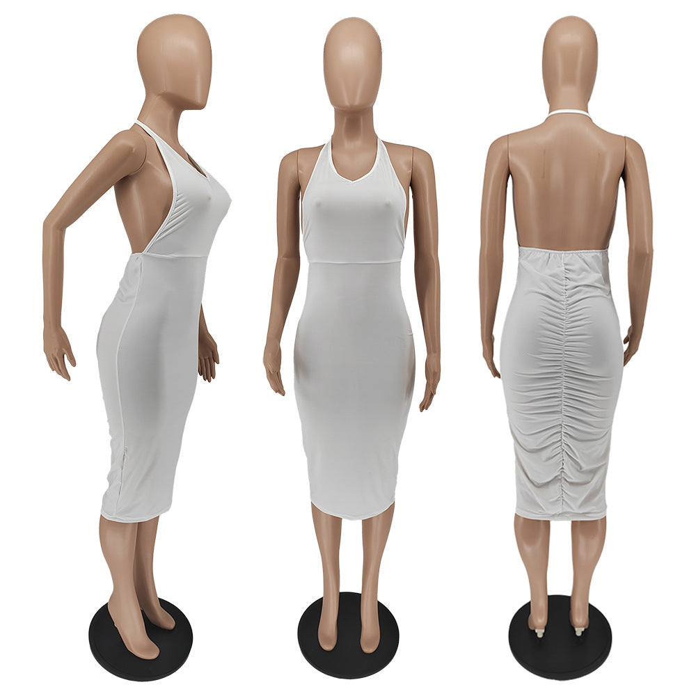 Sexy Solid V Neck Backless Ruched Midi Dress